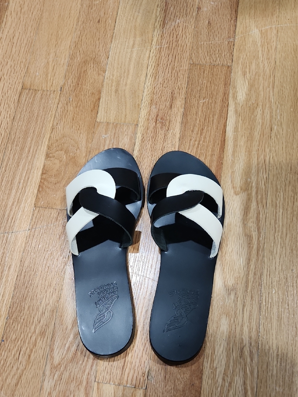 Women’s Ancient Greek Black and Cream Slide Sandals